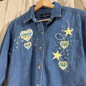 Luna Pier Vintage 90s Embroidered Denim Shirt Blue Hearts Stars Cotton Small